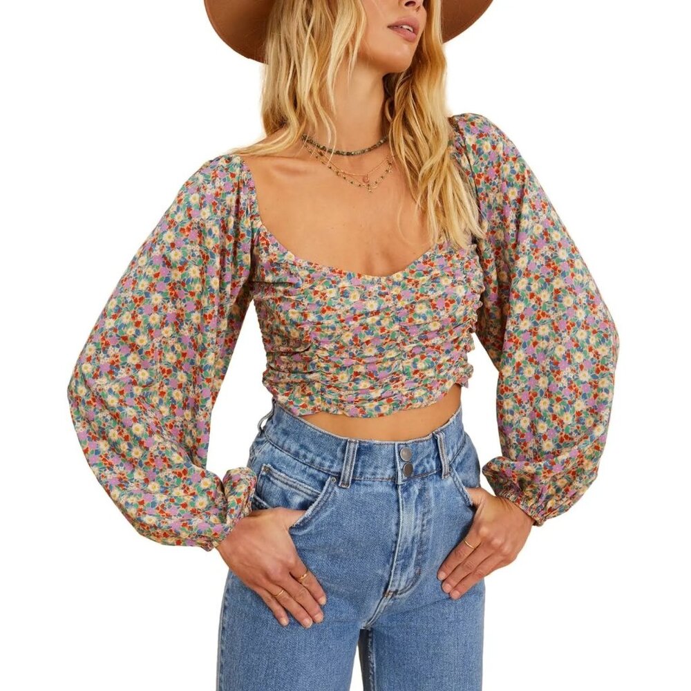 BILLABONG THE SALTY BLONDE Free Love Crop Top Sz S Multicolor Floral Puff Sleeve
